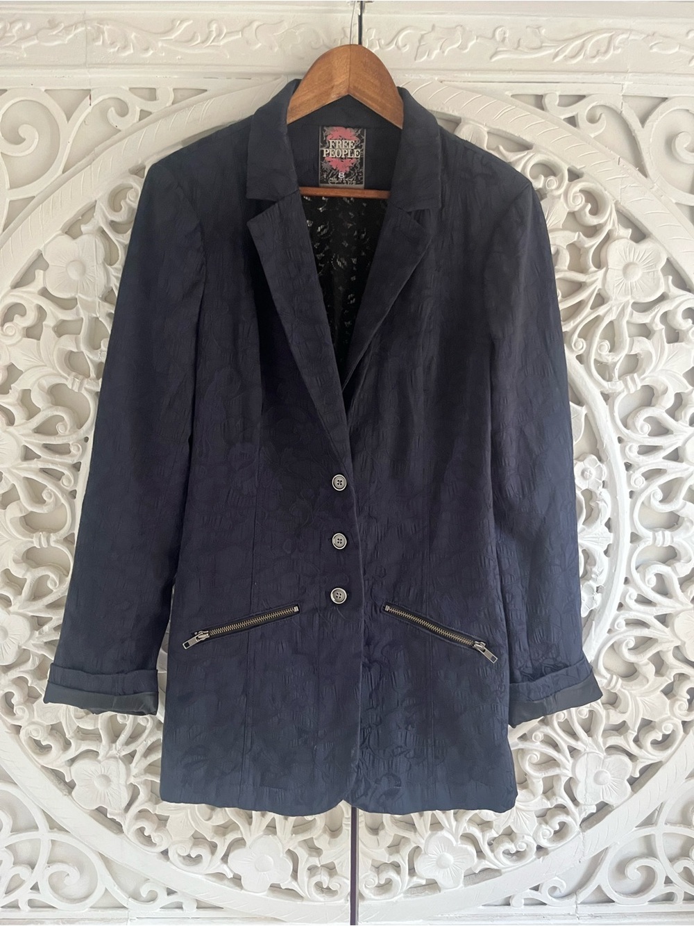 Free People Navy Jacquard Lace Up Back Blazer Jacket Size 8 Floral Textured